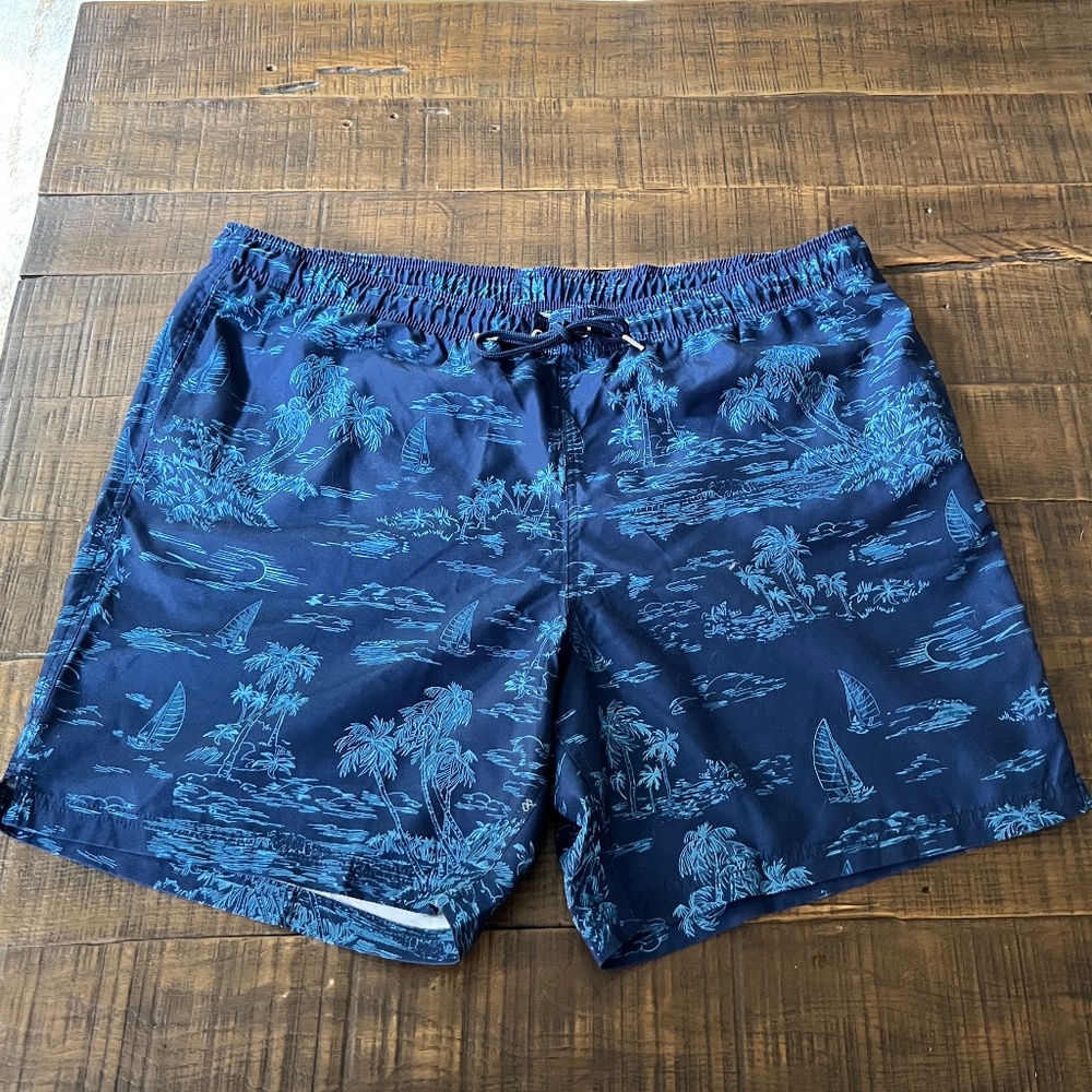NWOT Lands' End Mens XXL Swim Trunks Blue Pattern Palm Trees & Boats